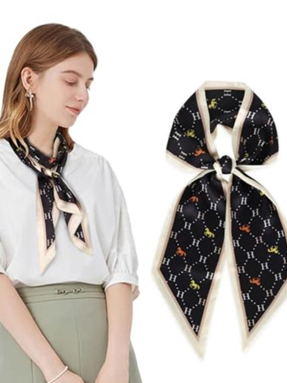Black Horse Print 59" x 5.9" Satin Skinny Scarf Equestrian Hair Neck Bag Wrap